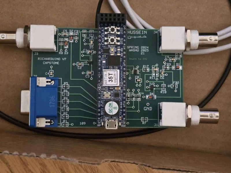 Close view of Hussein's custom RichArduino V7 oscilloscope board and FPGA module